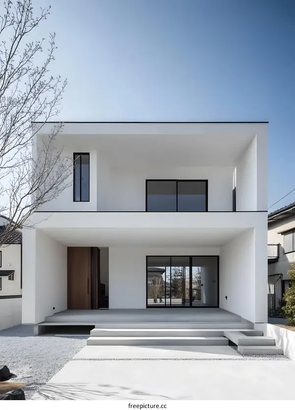 Modern Minimalist House with Black Windows and Wooden Door