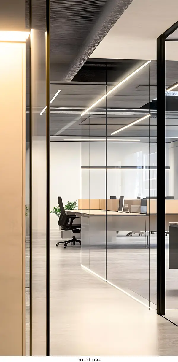 Modern Office Interior with Glass Walls and LED Lighting