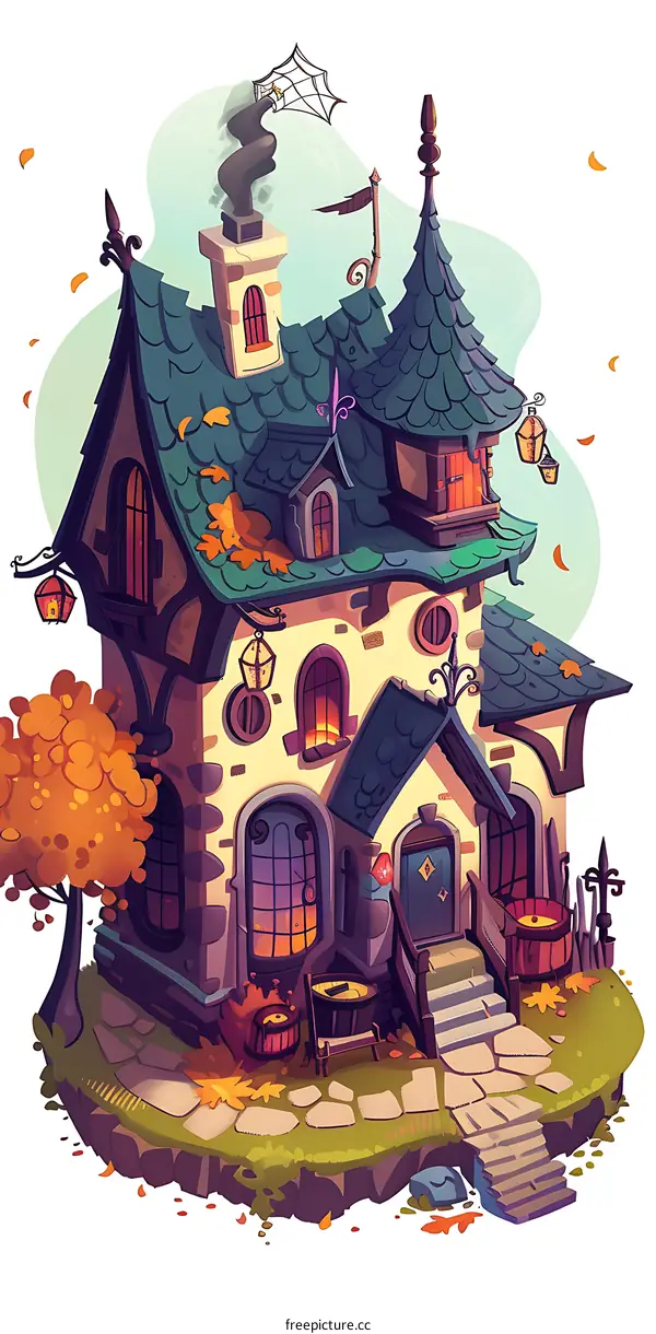 Cartoon Illustration Of A Haunted House With A Cobweb And Smoke