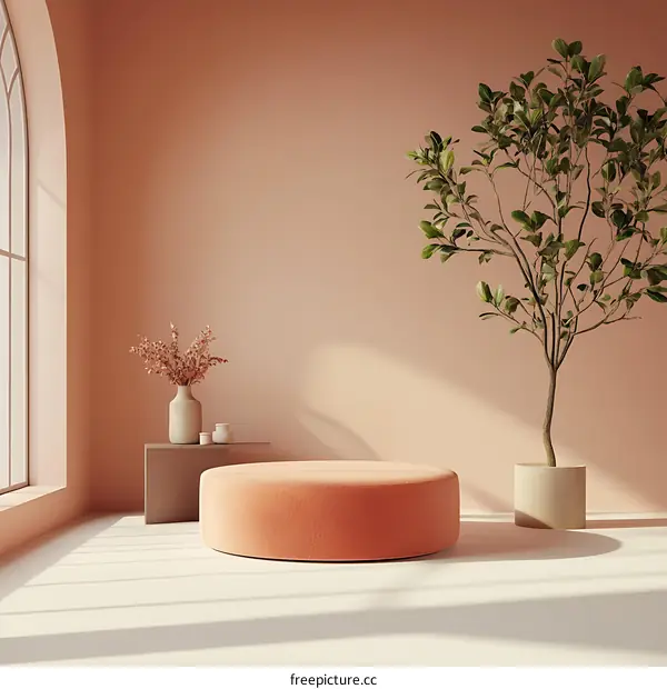 Minimalist Interior Design with Peach Wall and Round Ottoman