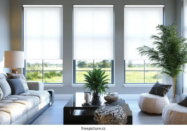 Modern Living Room with Large Windows and Blinds