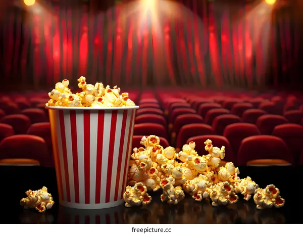 Popcorn in a Red Striped Bucket in Front of Empty Movie Theater Seats