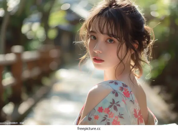 Beautiful Asian Woman with Freckles in Floral Dress in the Garden