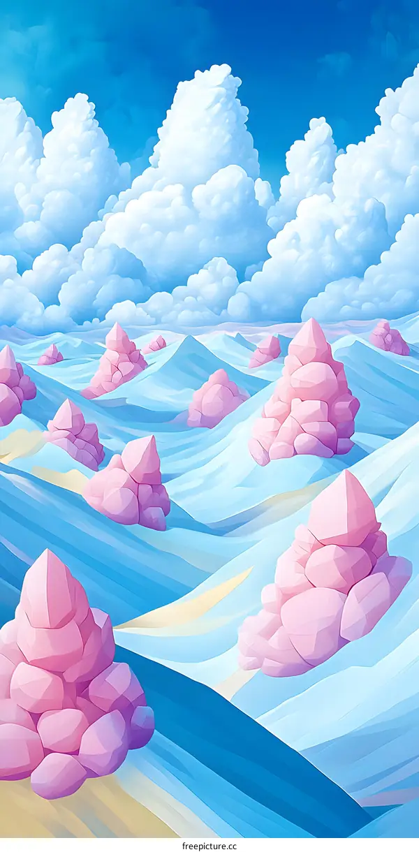 Abstract Pink Rock Formations in a Blue and White Landscape