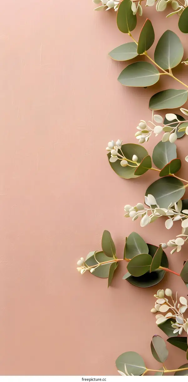 Pink Background With Eucalyptus Branches and Flowers
