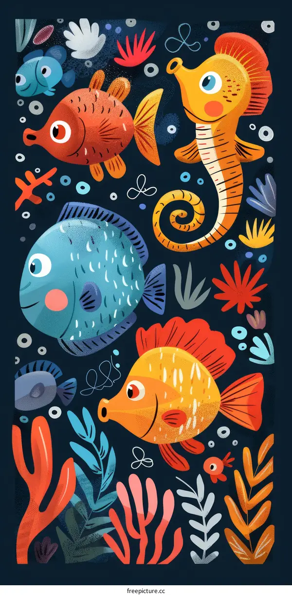Underwater illustration of a variety of fish and sea life
