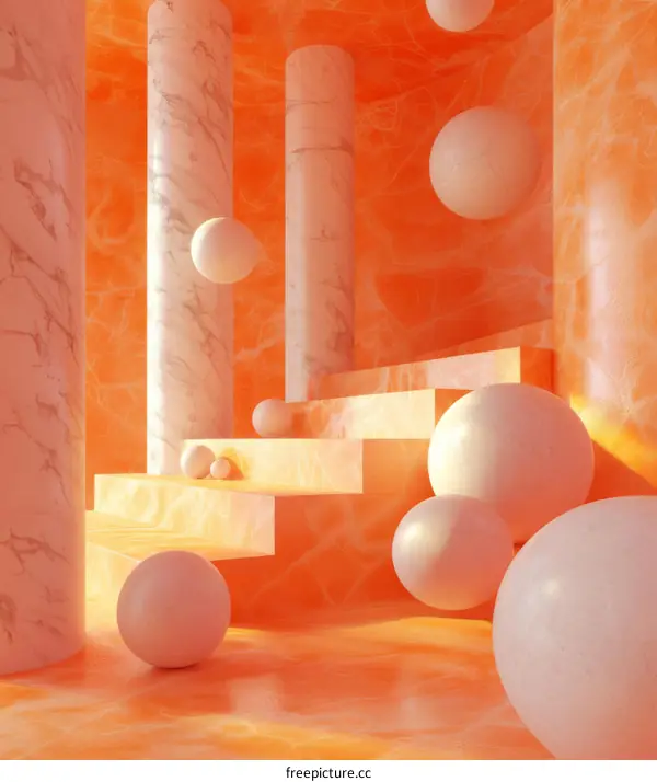Abstract Interior Design with Marble Columns and Floating Spheres
