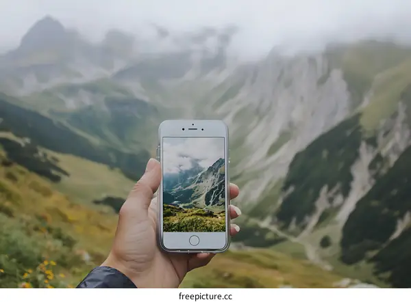 Hand Holding Phone with Mountain View
