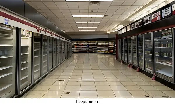 Empty Supermarket Aisle With Refrigerators And Products