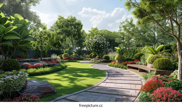 Courtyard with stone bench and colorful flowers and plants