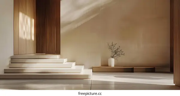 Minimalist Interior Design with White Stairs and Wooden Wall