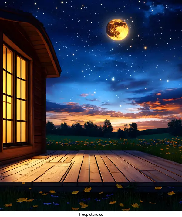 Wooden Deck Under A Starry Night Sky With A Full Moon