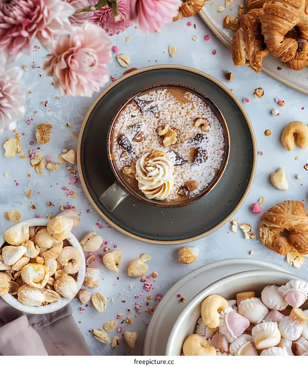 Sweet Creamy Coffee with Croissants and Confectionery