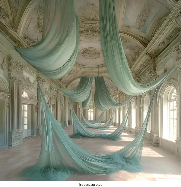 Green Fabric Drapes in a Grand Hallway