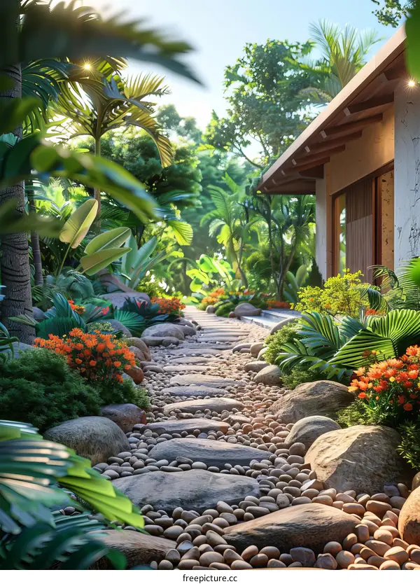 Stone Path Through Lush Tropical Garden