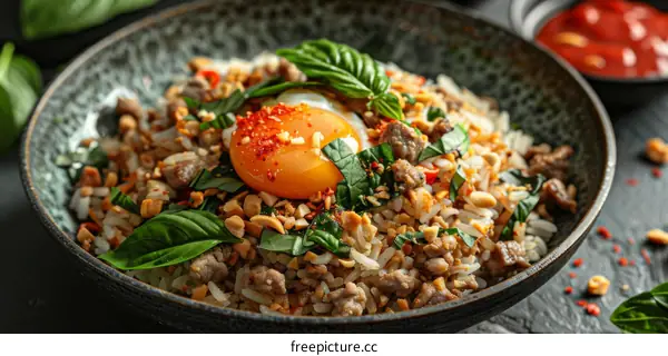 Rice topped with stir-fried minced pork and a runny egg