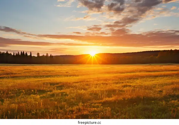 The setting sun casts a golden glow over a field of wheat
