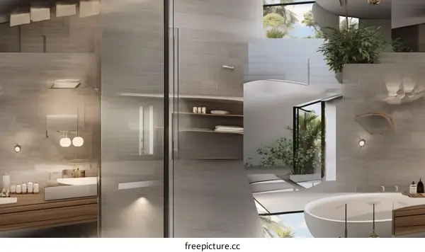 Bathroom Interior with Bathtub and Tropical Plants