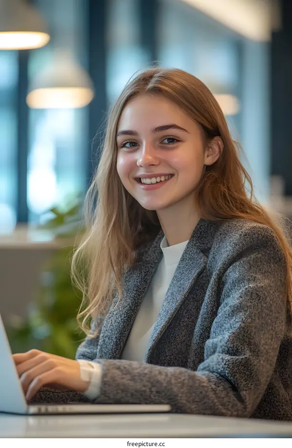 Smiling Young Caucasian Woman Working on Laptop in Modern Office