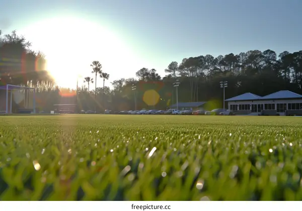 Green soccer field with the sun rising in the background