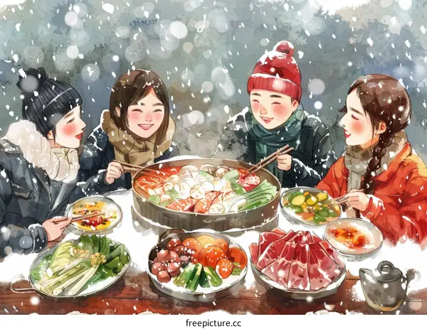 Four Friends Enjoying a Hot Pot Dinner in Snowy Winter