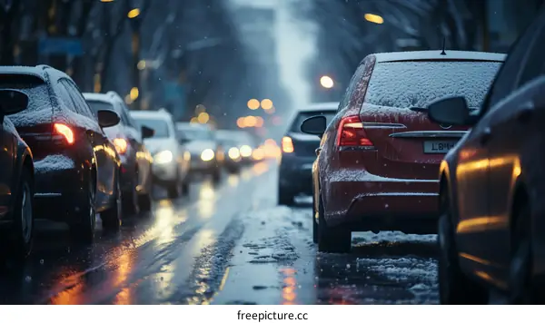 Snowy Cars Stuck in Gridlock During Rush Hour