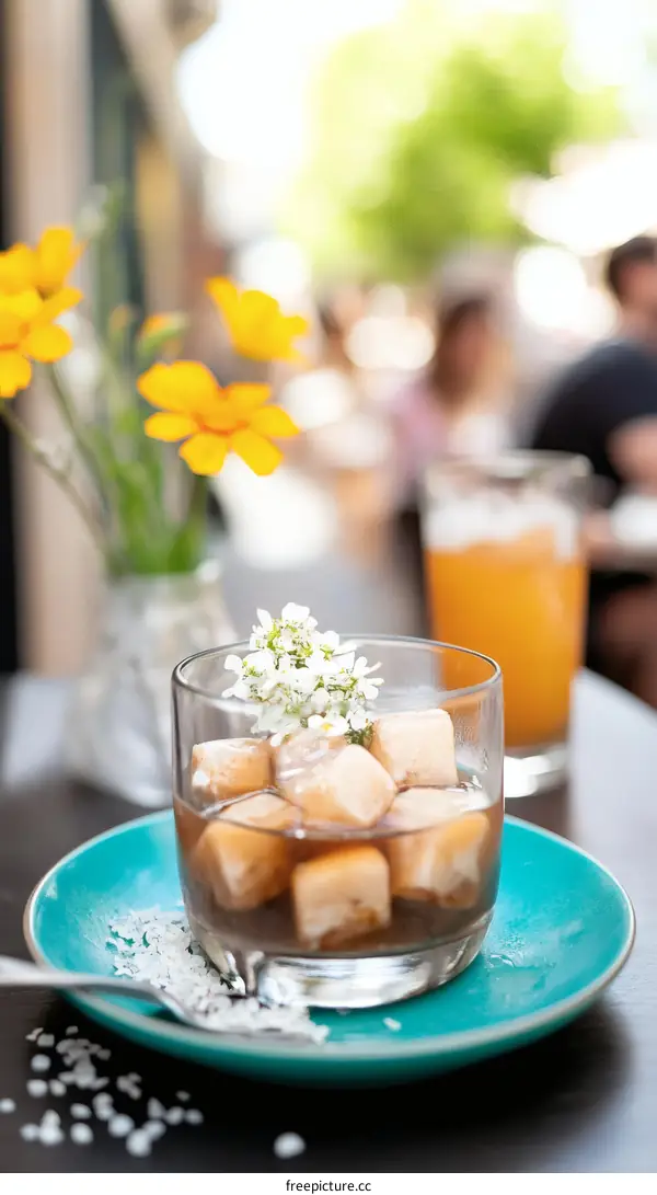 Delicious Iced Cubes Dessert with Flower Garnish
