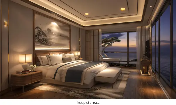 Modern Luxury Bedroom with Ocean View at Dusk
