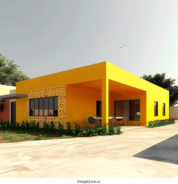 Modern Yellow House with Patio and Landscaping