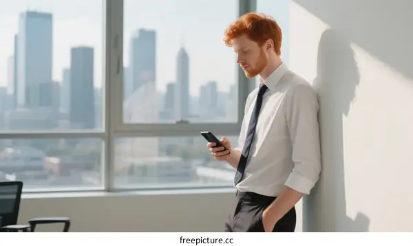 Young Businessman Using Mobile Phone in Modern Office