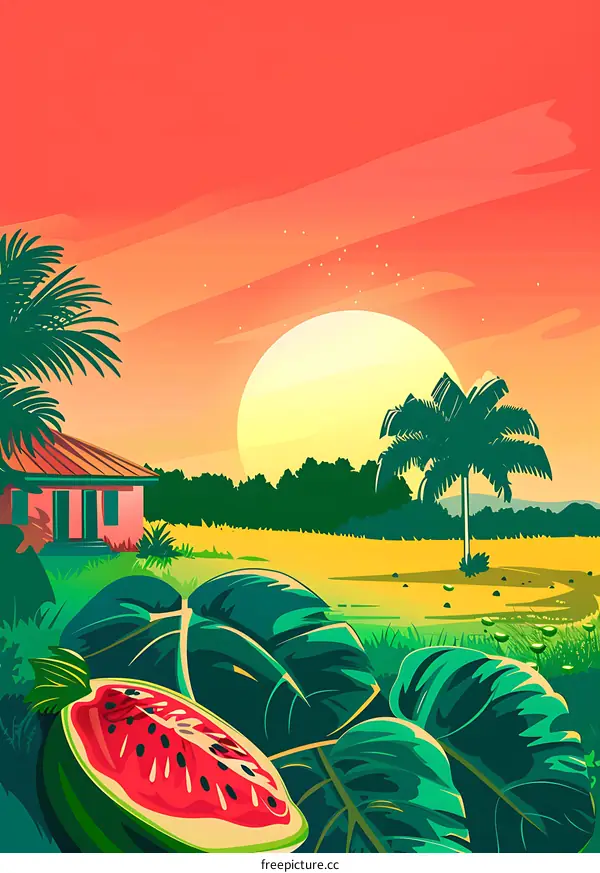 Watermelon Sunset Tropical Landscape Illustration