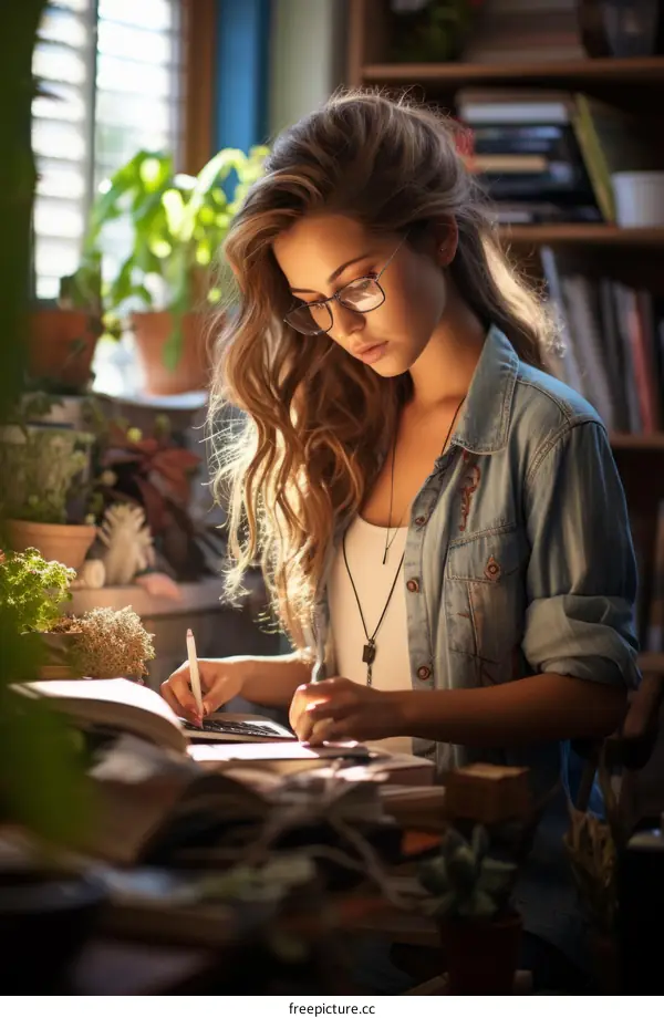 Young woman with glasses writing in a notebook