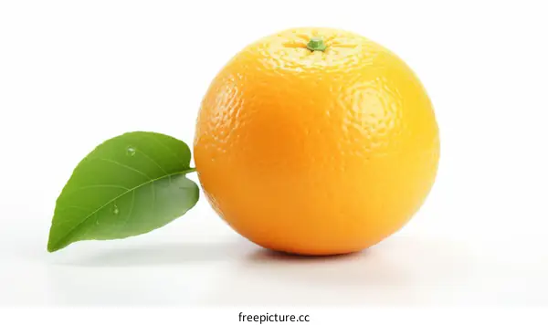 Single orange fruit with green leaf isolated on white background