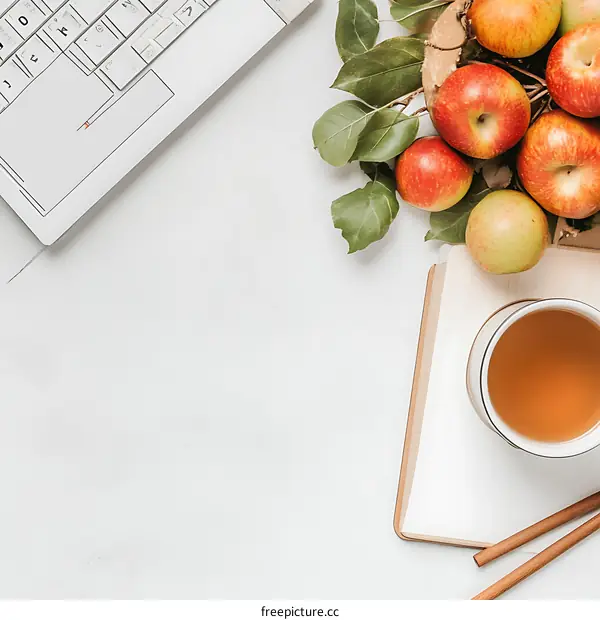 Flat lay of a white table with a laptop, apples, a cup of tea and two chopsticks