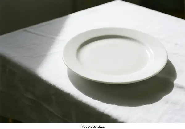 A plain white plate placed on a white cloth surface
