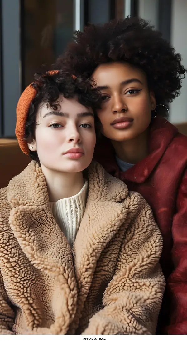 Two young women of different ethnicities with curly hair are sitting on a bench and looking at the camera.
