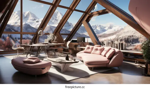 Pink and white living room interior with large windows and mountain views