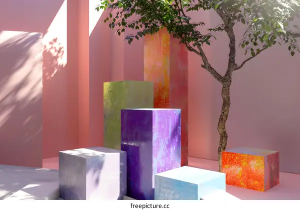 Colorful Cubes and a Tree in a Minimalist Pink Room