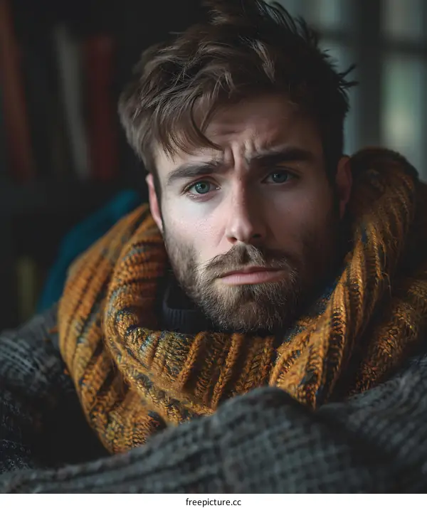 portrait of a handsome man with a beard wearing a scarf