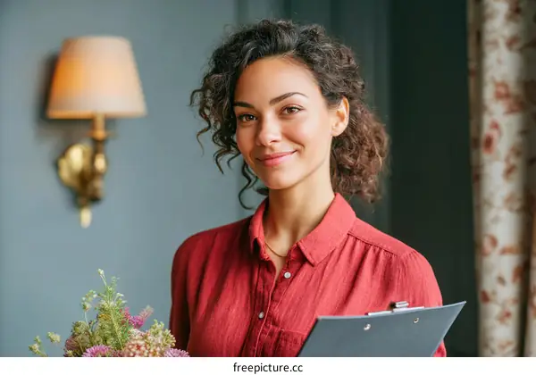 Smiling Woman Holding Flowers and Clipboard
