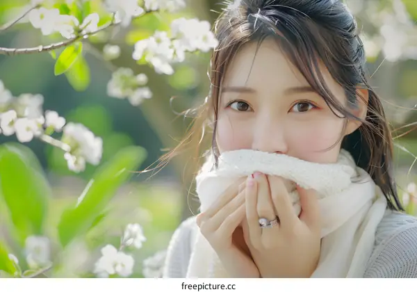 Young Asian Woman in White Scarf Posing in Front of White Blossoms