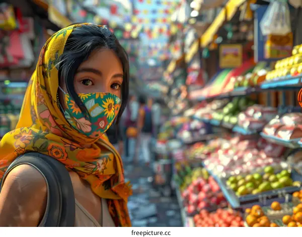 A young woman wearing a headscarf and a mask is walking through a crowded market.