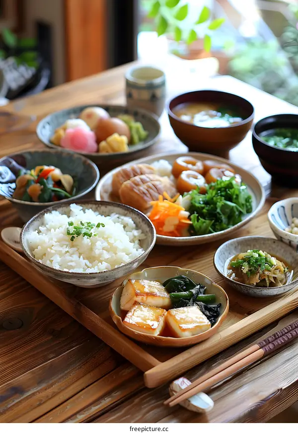 Japanese Food Meal Set On Wooden Table