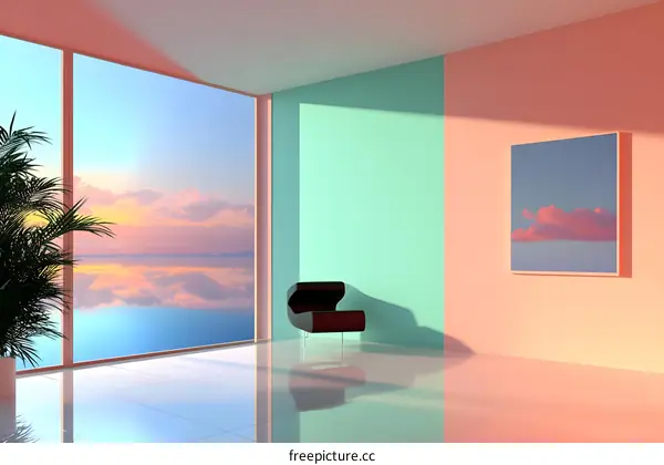 Minimalist Interior Design with Colorful Walls and Sunset View