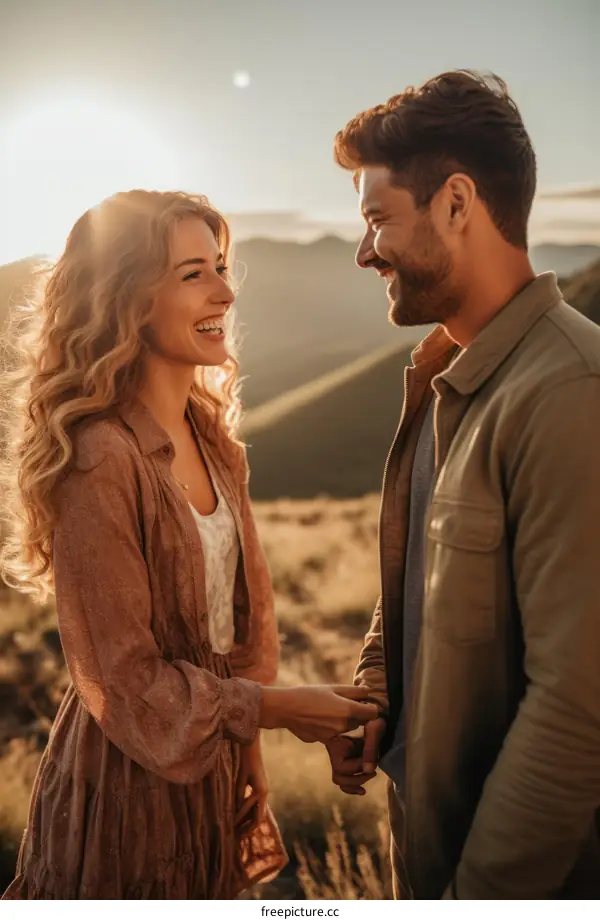 Happy Couple Holding Hands and Smiling at Each Other in the Mountains