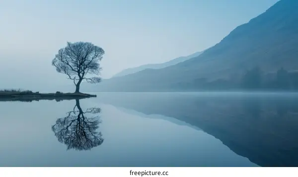 A lone tree stands in the middle of a lake with mountains in the background