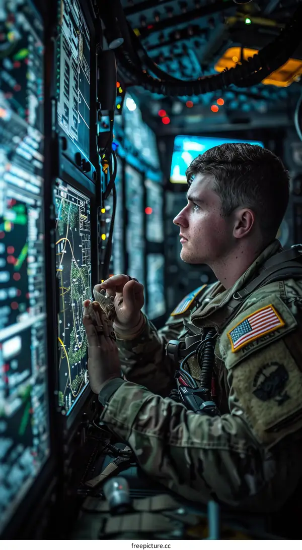 A soldier looking at a screen in a dark room