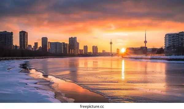 Toronto Skyline at Sunrise with Snow and Ice