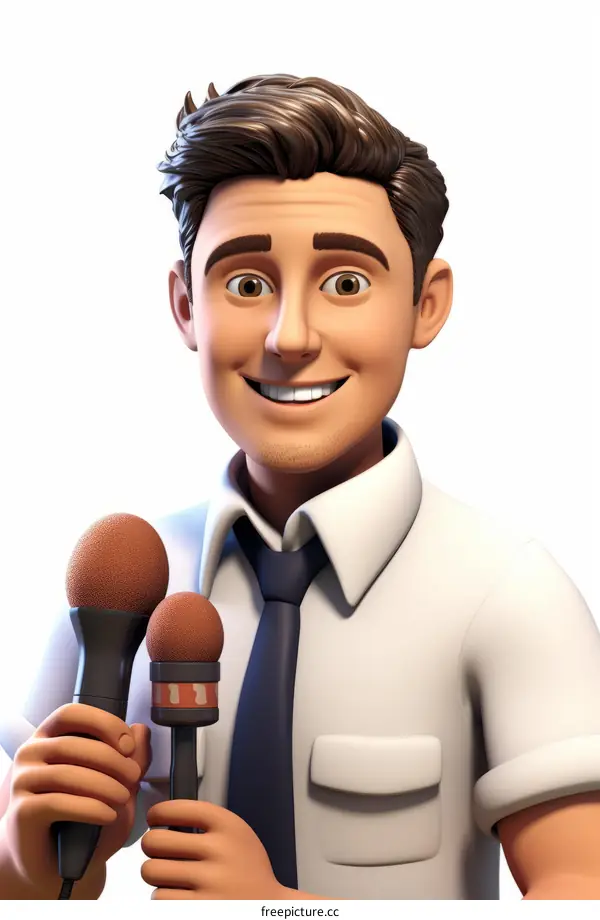 3D Male News Reporter with Microphones