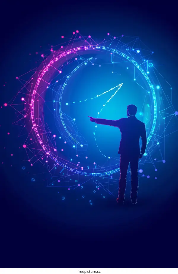 Businessman pointing at a glowing clock surrounded by a network of connections.